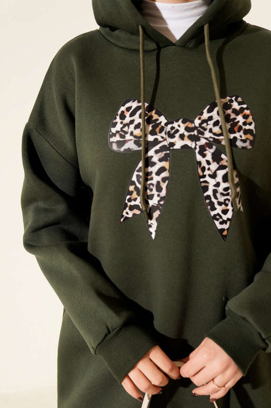 Leopar Kurdele Baskılı Üç İplik Sweatshirt Haki