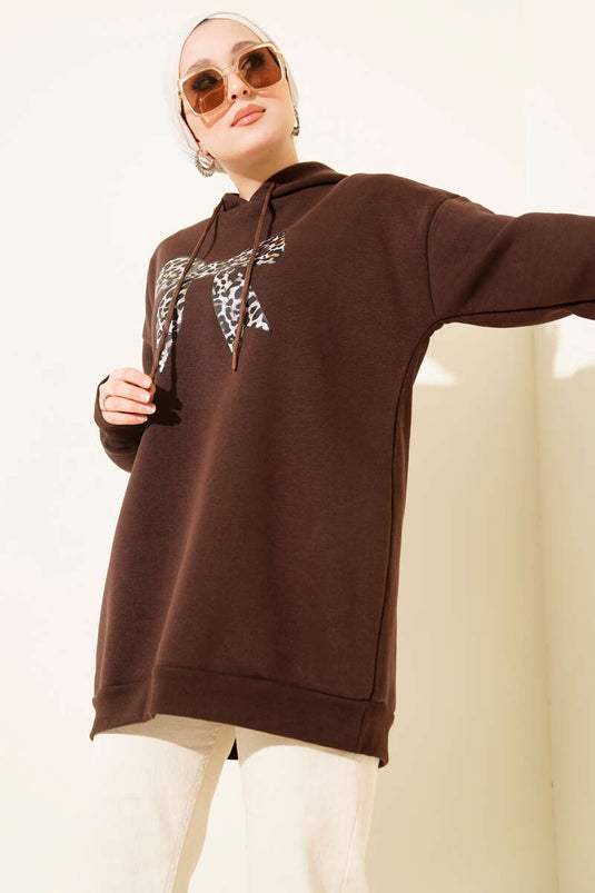 Leopar Kurdele Baskılı Üç İplik Sweatshirt Kahve
