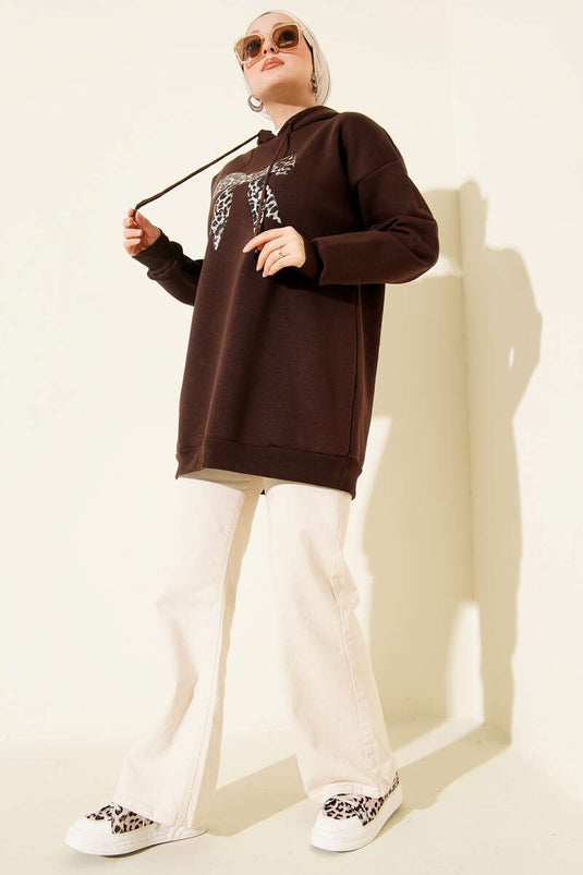 Leopar Kurdele Baskılı Üç İplik Sweatshirt Kahve