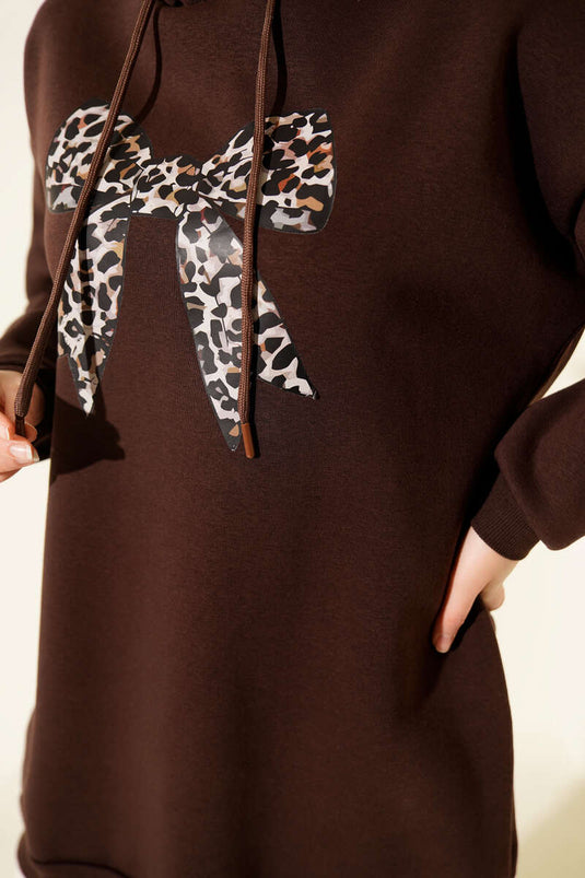 Leopar Kurdele Baskılı Üç İplik Sweatshirt Kahve