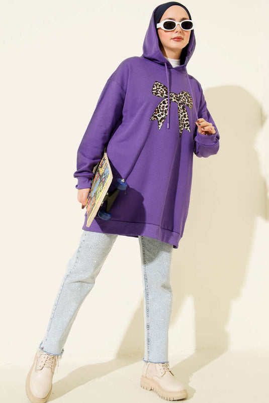 Leopar Kurdele Baskılı Üç İplik Sweatshirt Mor