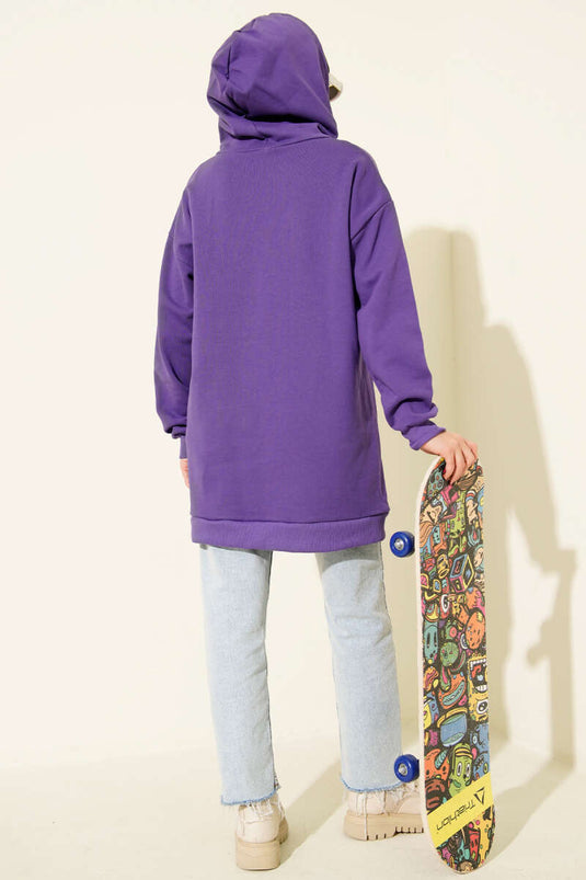 Leopar Kurdele Baskılı Üç İplik Sweatshirt Mor