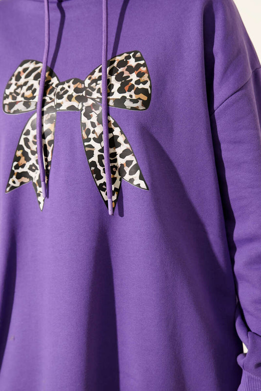 Leopar Kurdele Baskılı Üç İplik Sweatshirt Mor