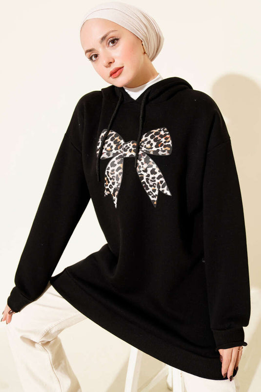 Leopar Kurdele Baskılı Üç İplik Sweatshirt Siyah