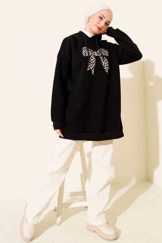 Leopar Kurdele Baskılı Üç İplik Sweatshirt Siyah