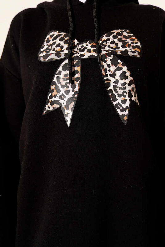 Leopar Kurdele Baskılı Üç İplik Sweatshirt Siyah