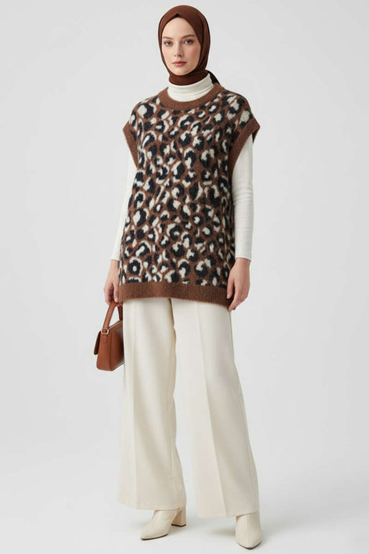 Leopar Sakallı Triko Süveter Kahve