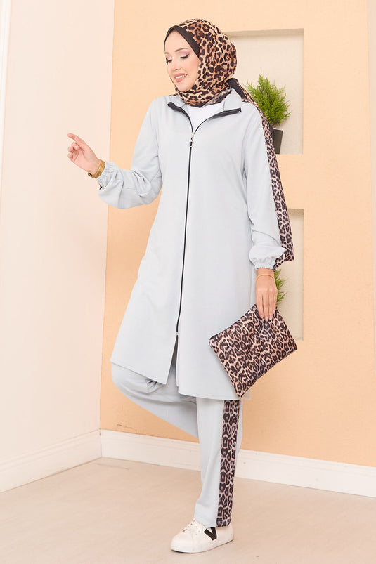 Leopard Striped Zippered Oyşo Set Gray