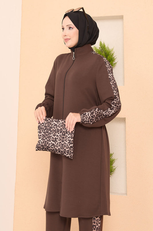 Leopard Striped Zippered Oyşo Set Coffee