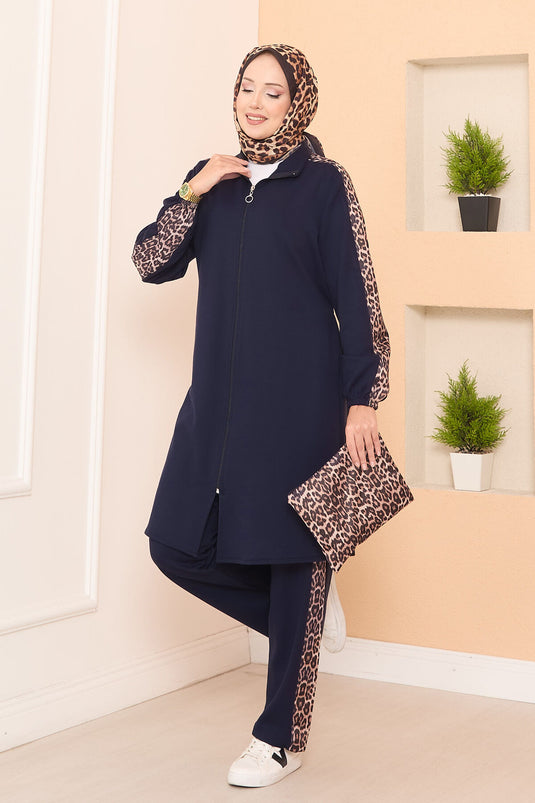 Leopard Striped Zippered Oyşo Set Navy Blue