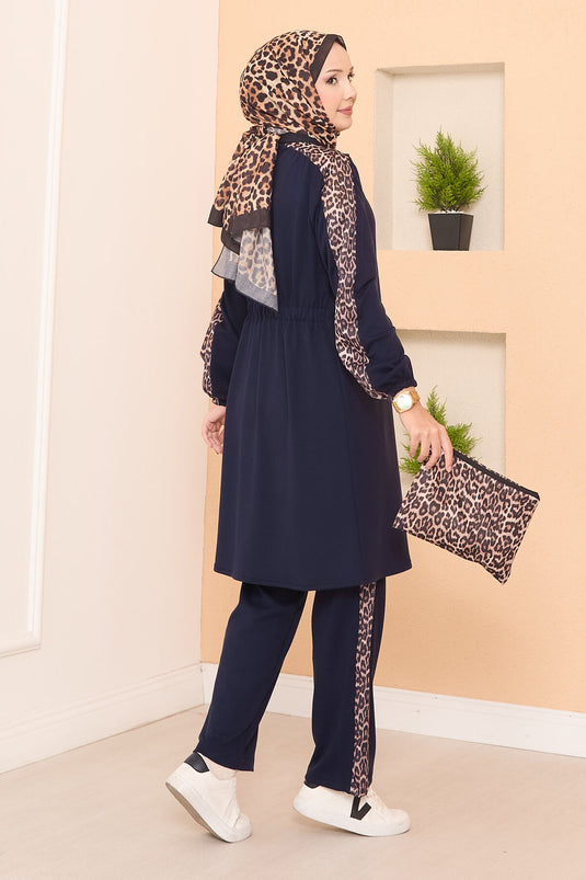 Leopard Striped Zippered Oyşo Set Navy Blue