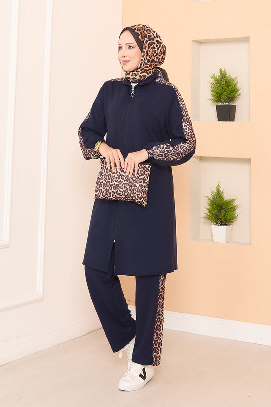Leopard Striped Zippered Oyşo Set Navy Blue