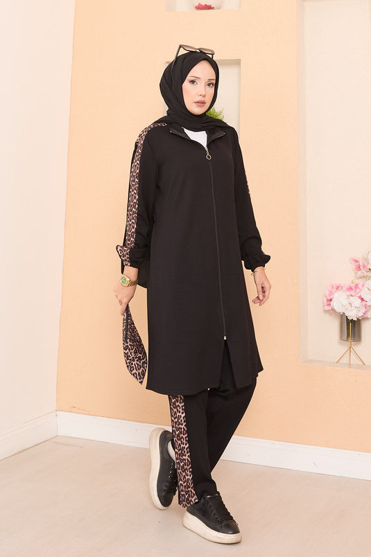 Leopard-Striped Zippered Oyso Set Black