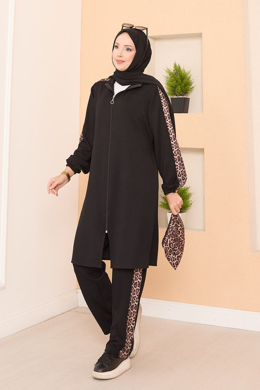 Leopard-Striped Zippered Oyso Set Black