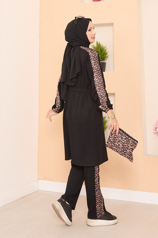Leopard-Striped Zippered Oyso Set Black
