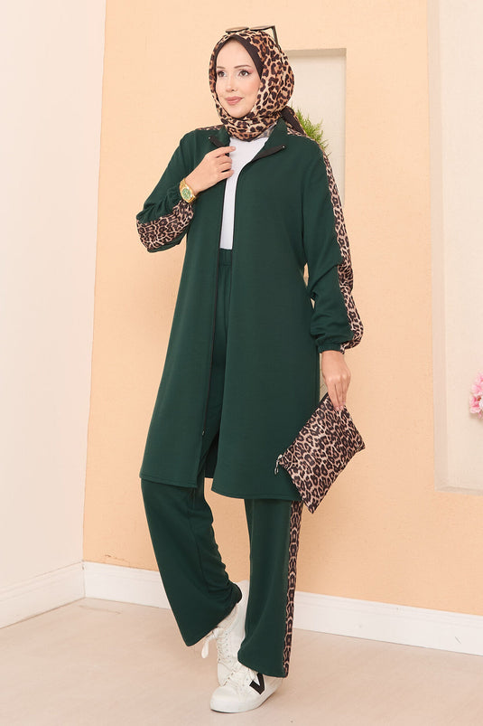 Leopard Striped Zippered Oyşo Set Emerald