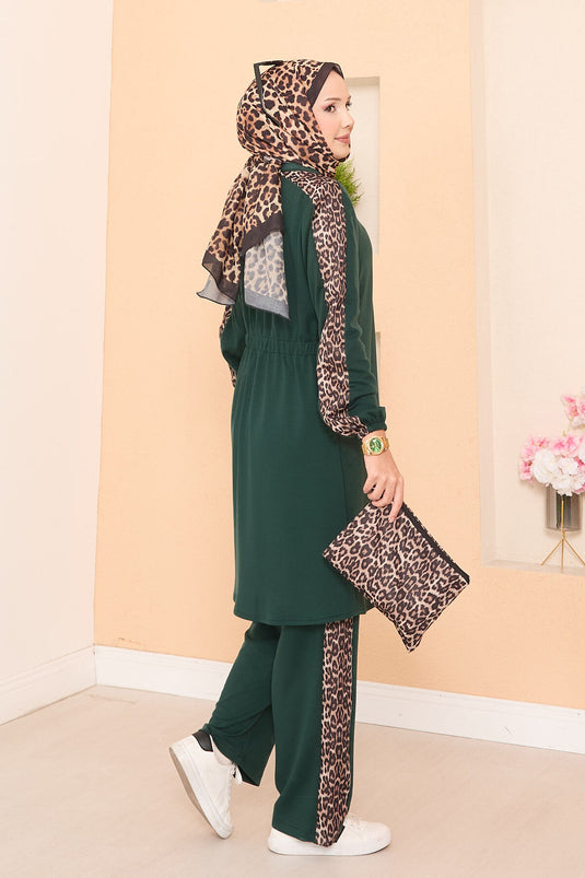 Leopard Striped Zippered Oyşo Set Emerald