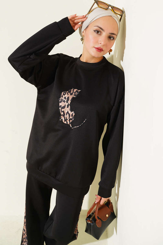 بدلة غوص مزدوجة مخططة بنقشة جلد النمر باللون الأسود