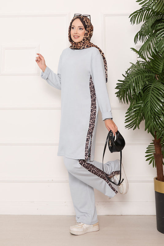 طقم فهد مخطط بفتحة Oyşo رمادي