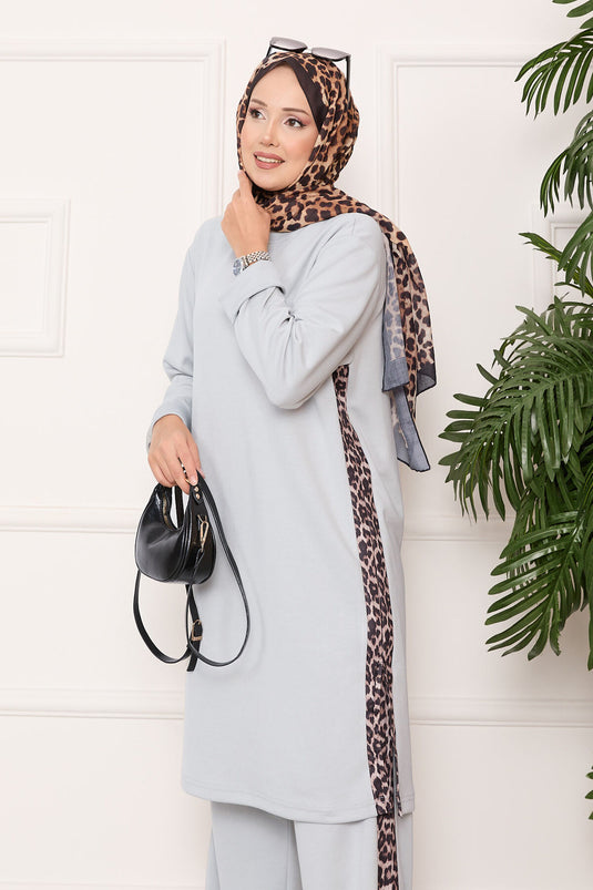 Leopard Striped Slit Oyşo Set Gray
