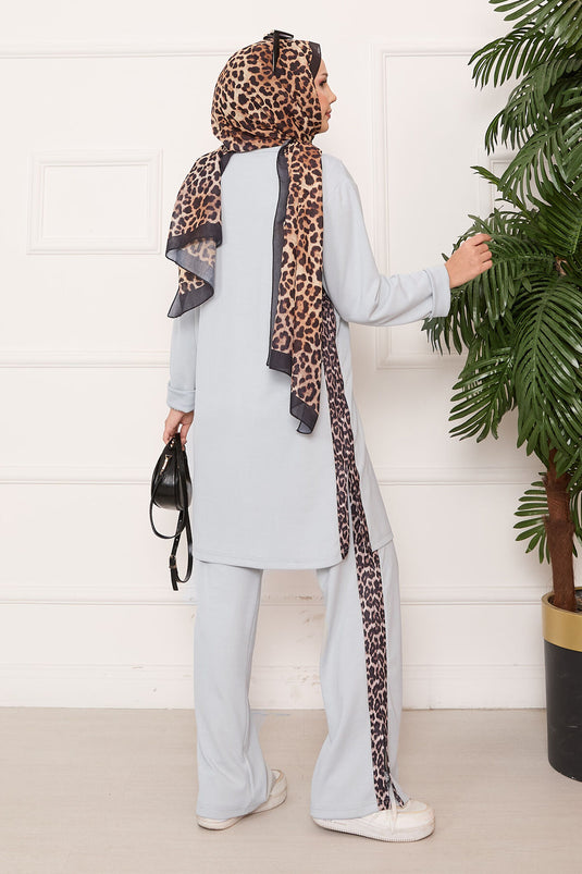 Leopard Striped Slit Oyşo Set Gray