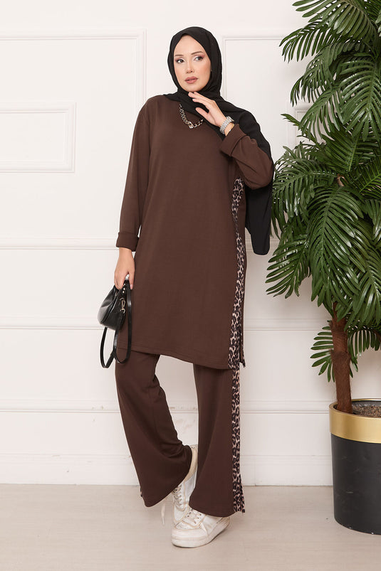 Leopard Striped Slit Oyşo Set Coffee