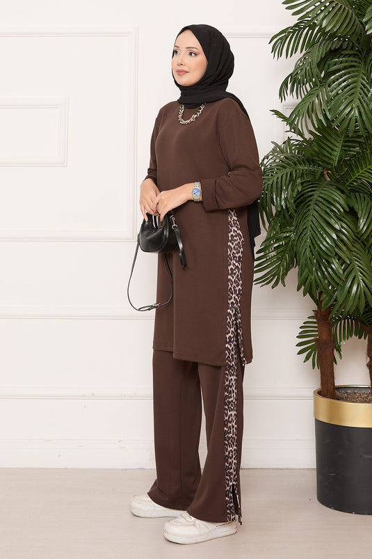 Leopard Striped Slit Oyşo Set Coffee