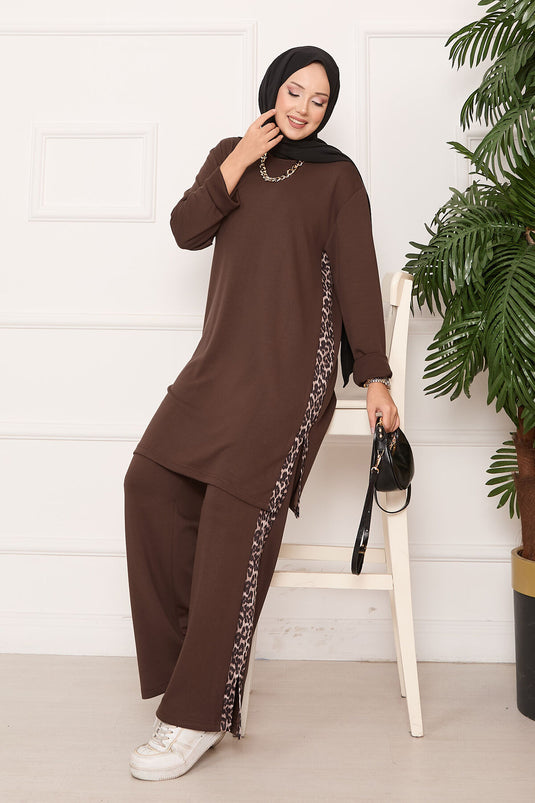 Leopard Striped Slit Oyşo Set Coffee