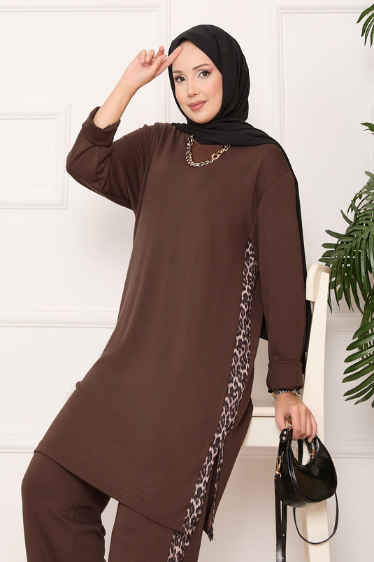 Leopard Striped Slit Oyşo Set Coffee
