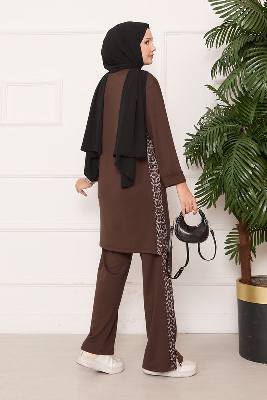 Leopard Striped Slit Oyşo Set Coffee