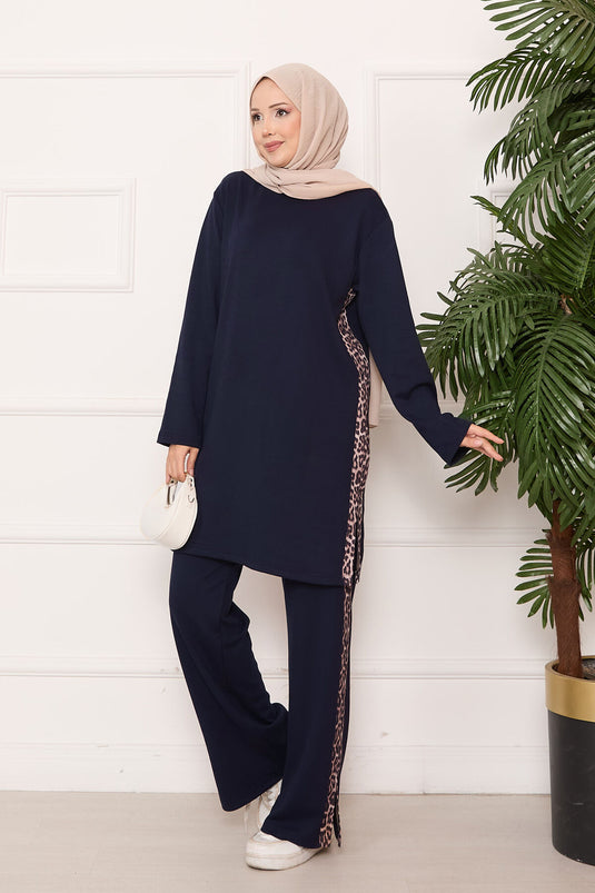 Leopard-Striped Slit Oyşo Set Navy Blue