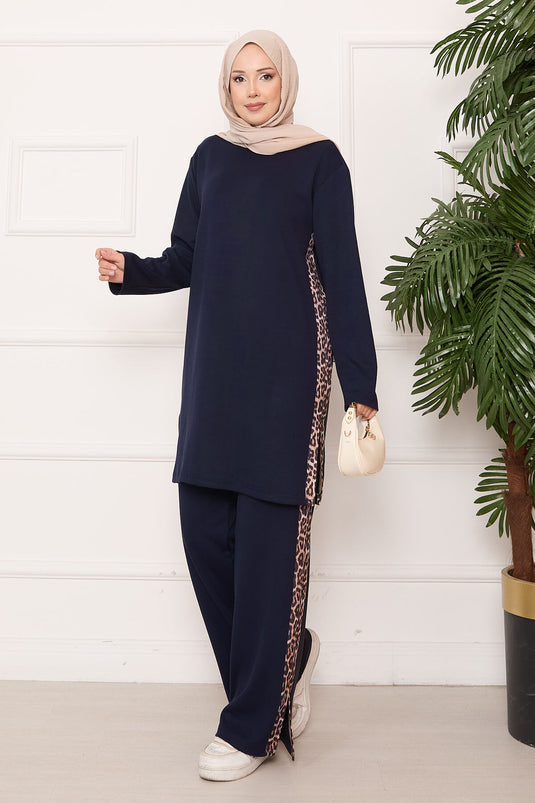 Leopard-Striped Slit Oyşo Set Navy Blue