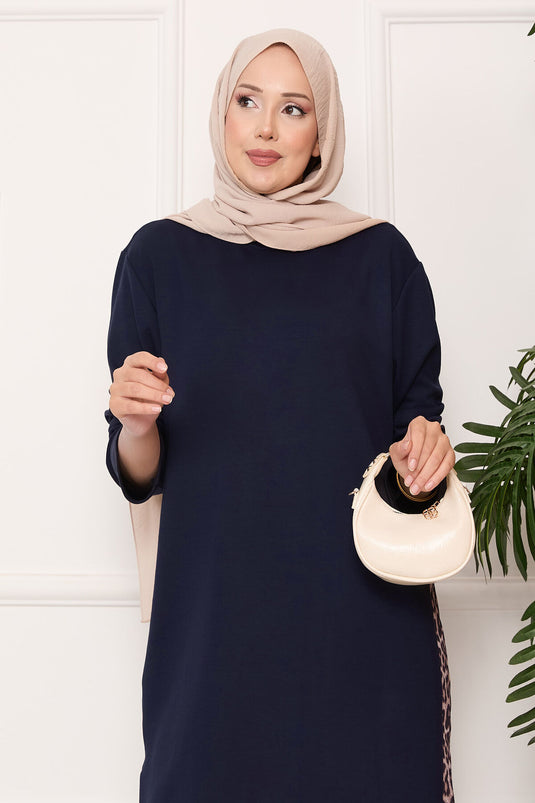 Leopard-Striped Slit Oyşo Set Navy Blue