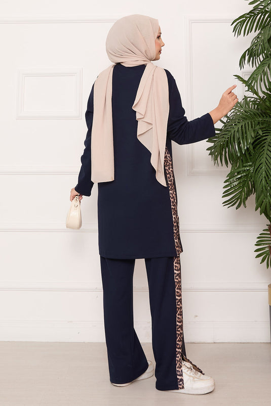 Leopard-Striped Slit Oyşo Set Navy Blue