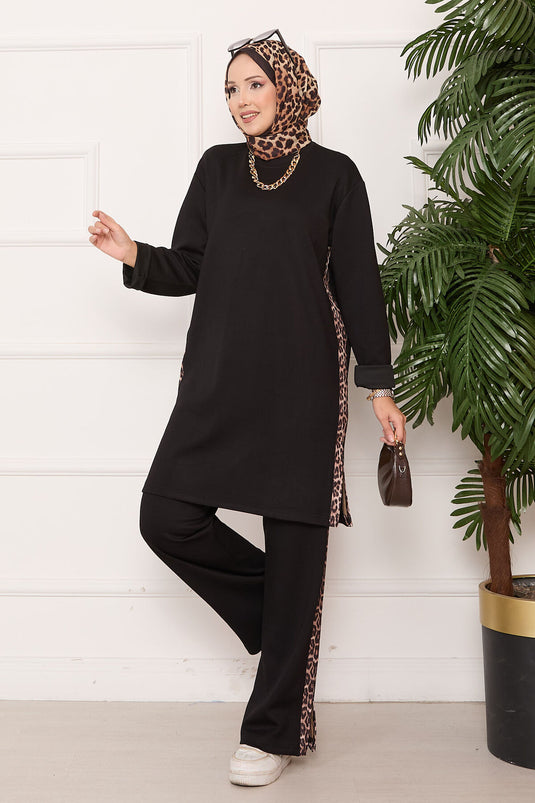 Black Oyşo Set with Leopard Stripes and Slits