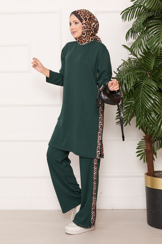 Leopard Striped Slit Oyşo Set Emerald