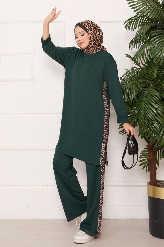 Leopard Striped Slit Oyşo Set Emerald