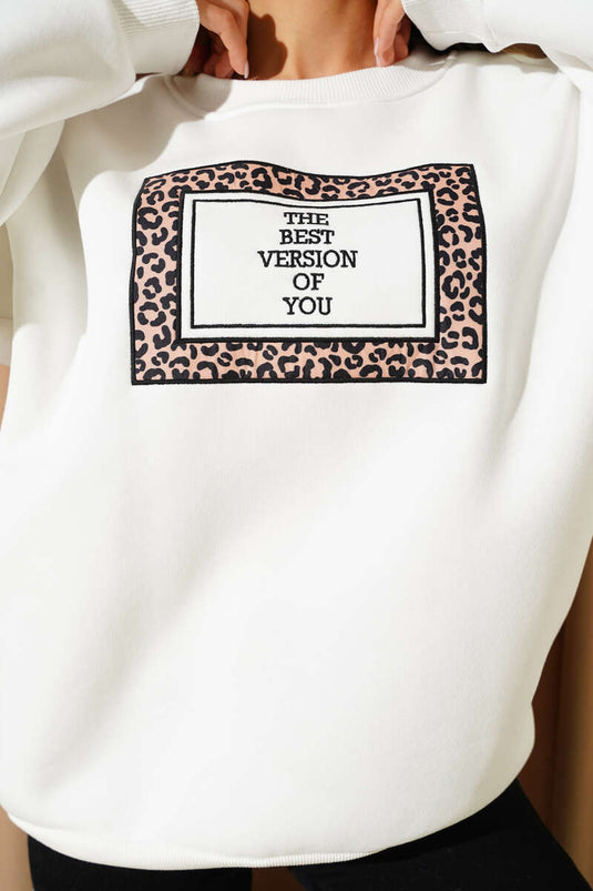 Leoparlı Nakışlı Şardonlu Sweatshirt Beyaz