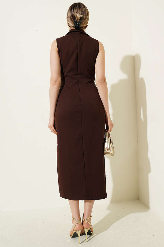 Sleeveless Midi Dress with Button Detail Brown