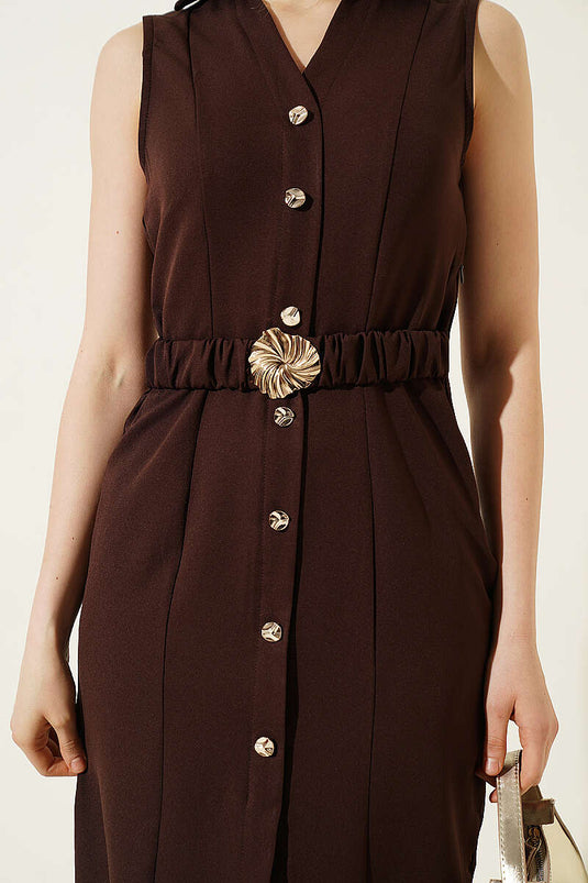 Sleeveless Midi Dress with Button Detail Brown