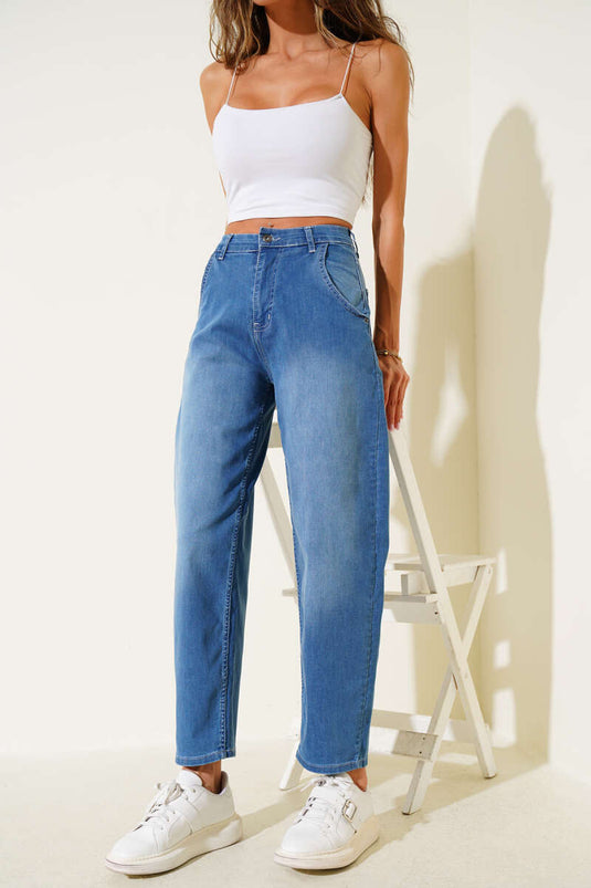 Jean ample en denim Lycra, bleu moyen