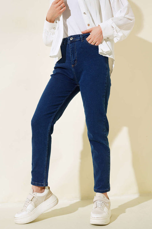 Pantalon Jeans Boyfriend Lycra Bleu Foncé