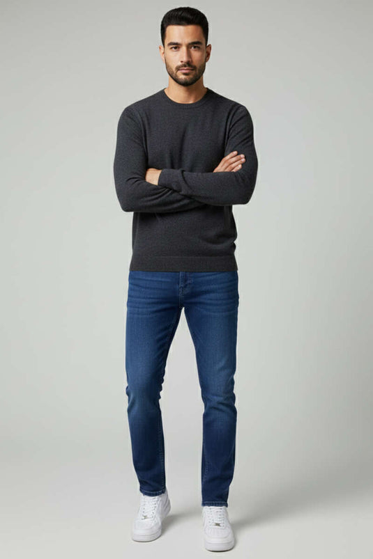 بنطال جينز رجالي أزرق ضيق الساق ومسطح مع ليكرا