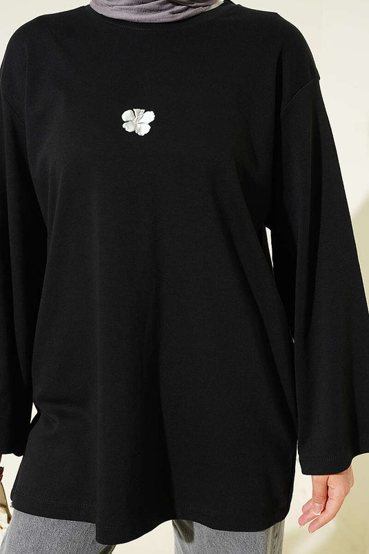 Lilyum Baskılı Basic Tunik Siyah