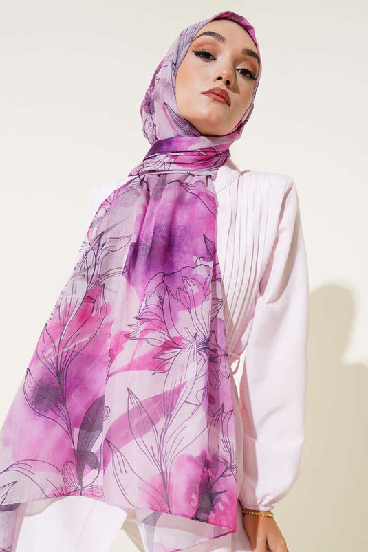Châle marbré à motif lys fuchsia