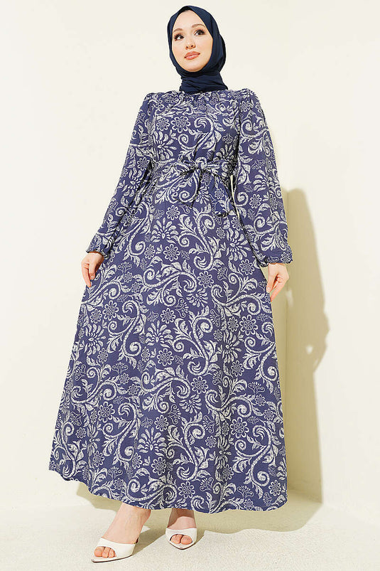Robe ceinturée à motif Lilyum bleu marine