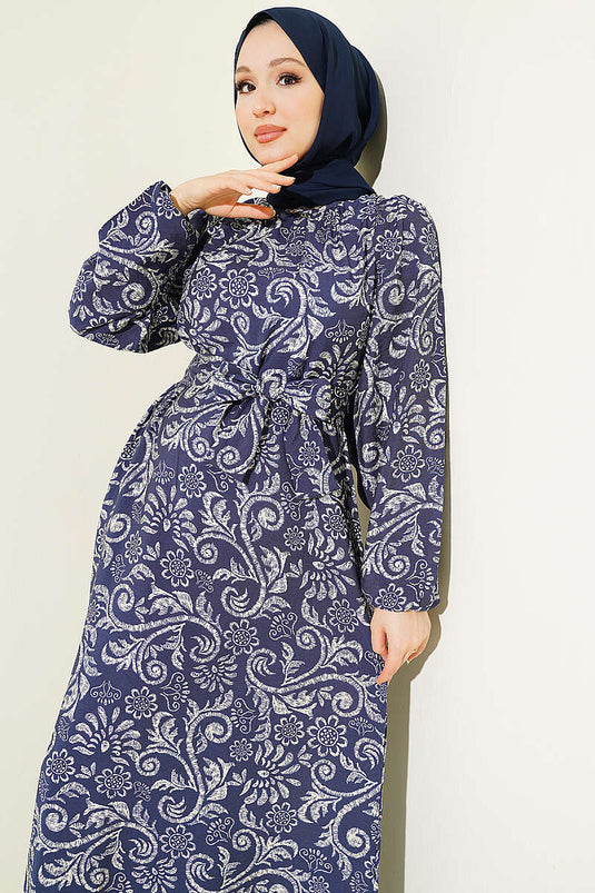 Robe ceinturée à motif Lilyum bleu marine