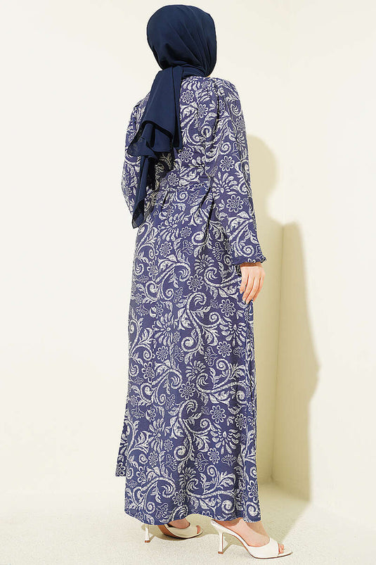 Robe ceinturée à motif Lilyum bleu marine