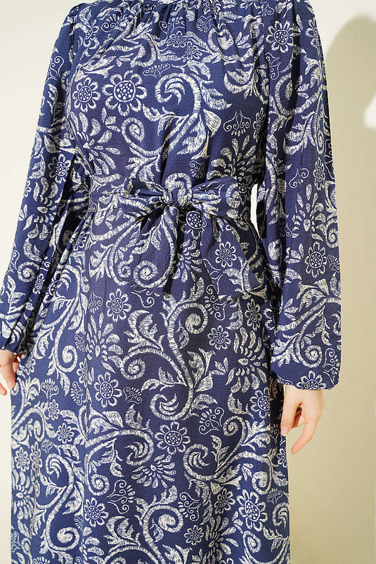 Robe ceinturée à motif Lilyum bleu marine