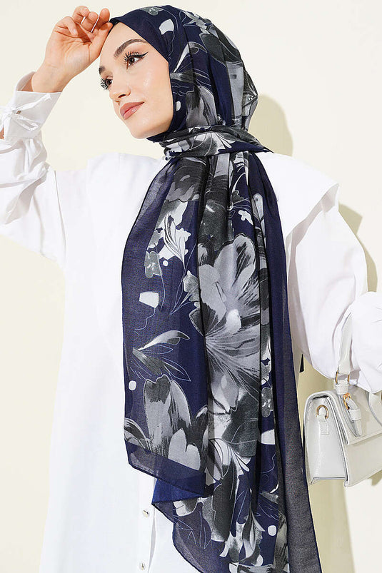 Foulard doux à motif Lilyum bleu marine fumé